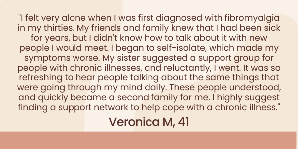 Testimonial by Veronica describing text format how finding support helped her to cope with fibromyalgia