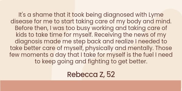 Testimonial by Rebecca describing how self care is essential for her wellbeing.
